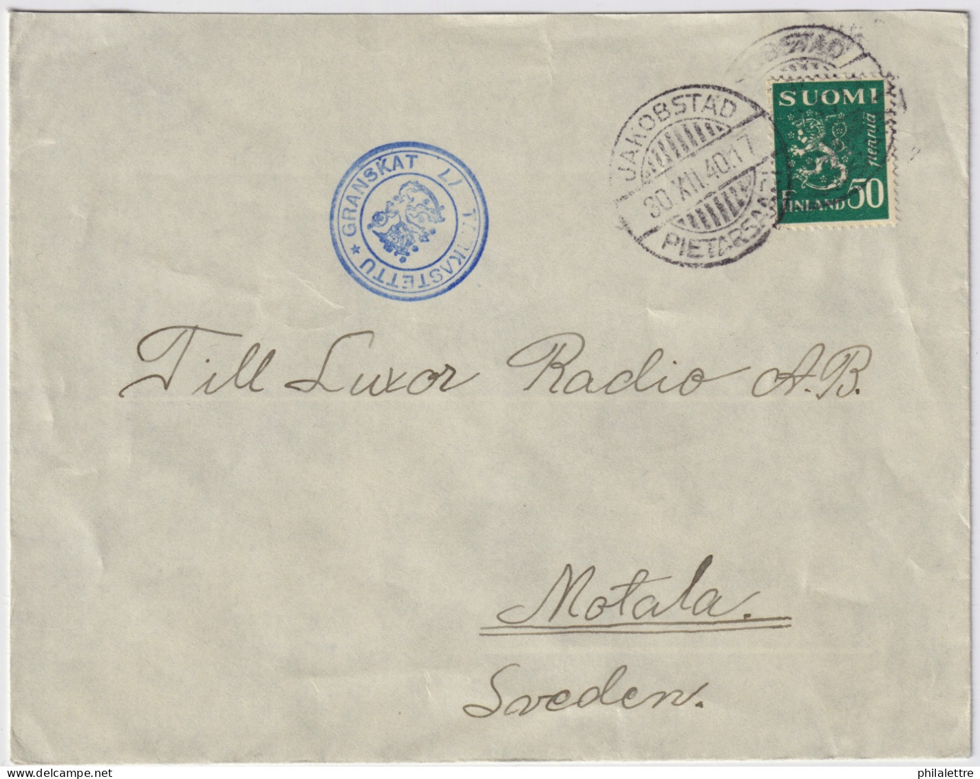 FINLAND - 1940 - Censor Mark On Cover From JAKOBSTAD To Motala, Sweden Franked 50p - Lettres & Documents