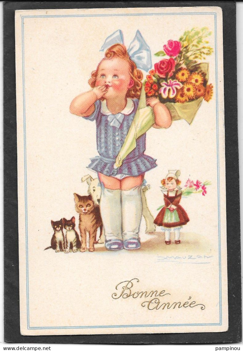 MAUZAN - Petite Fille, Chats, Chien, Poupée, Bouquet De Fleurs - Mauzan, L.A.