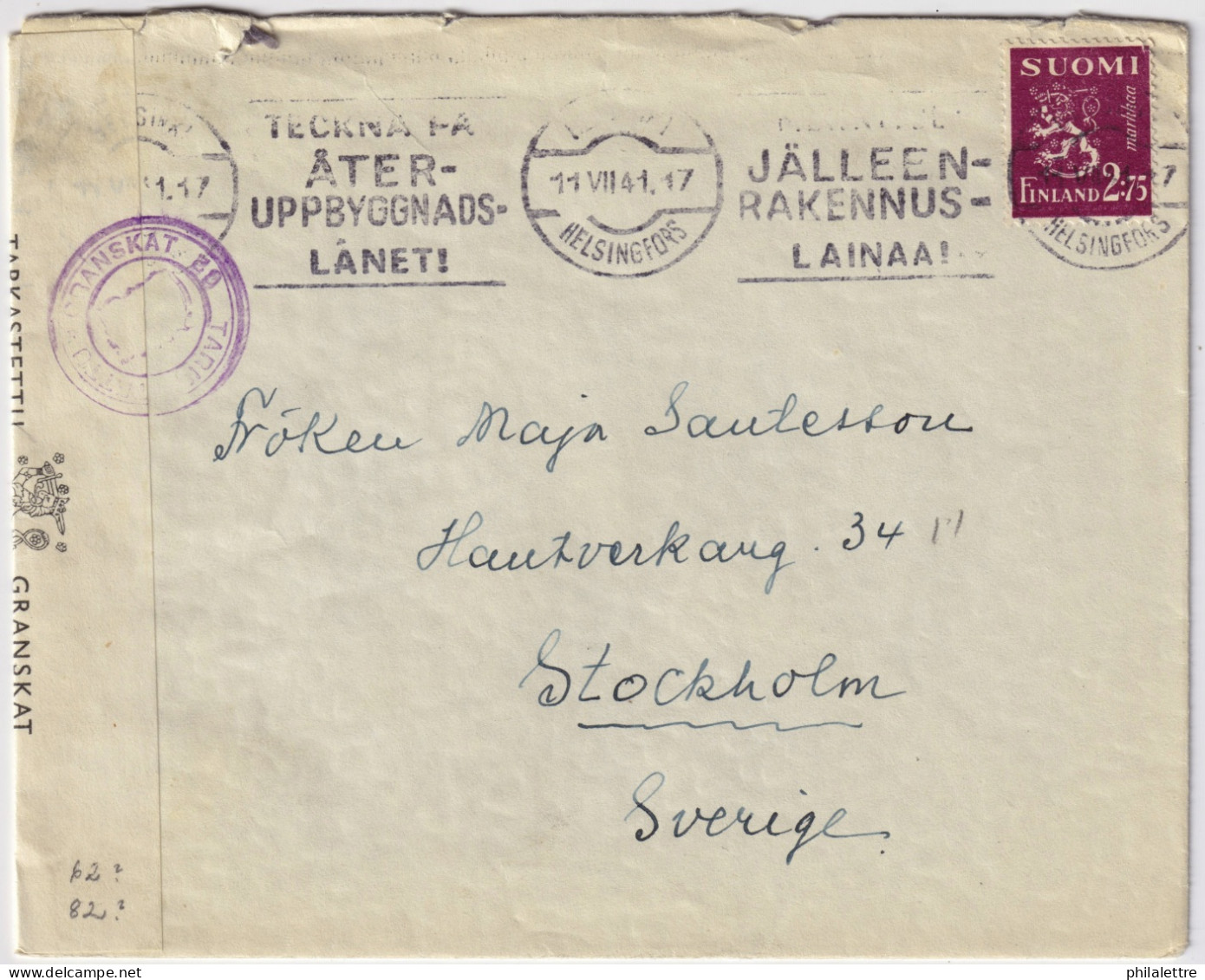 FINLAND - 1941 - Censored Cover From HELSINKI To Stockholm, Sweden Franked 2.75Mk - Briefe U. Dokumente