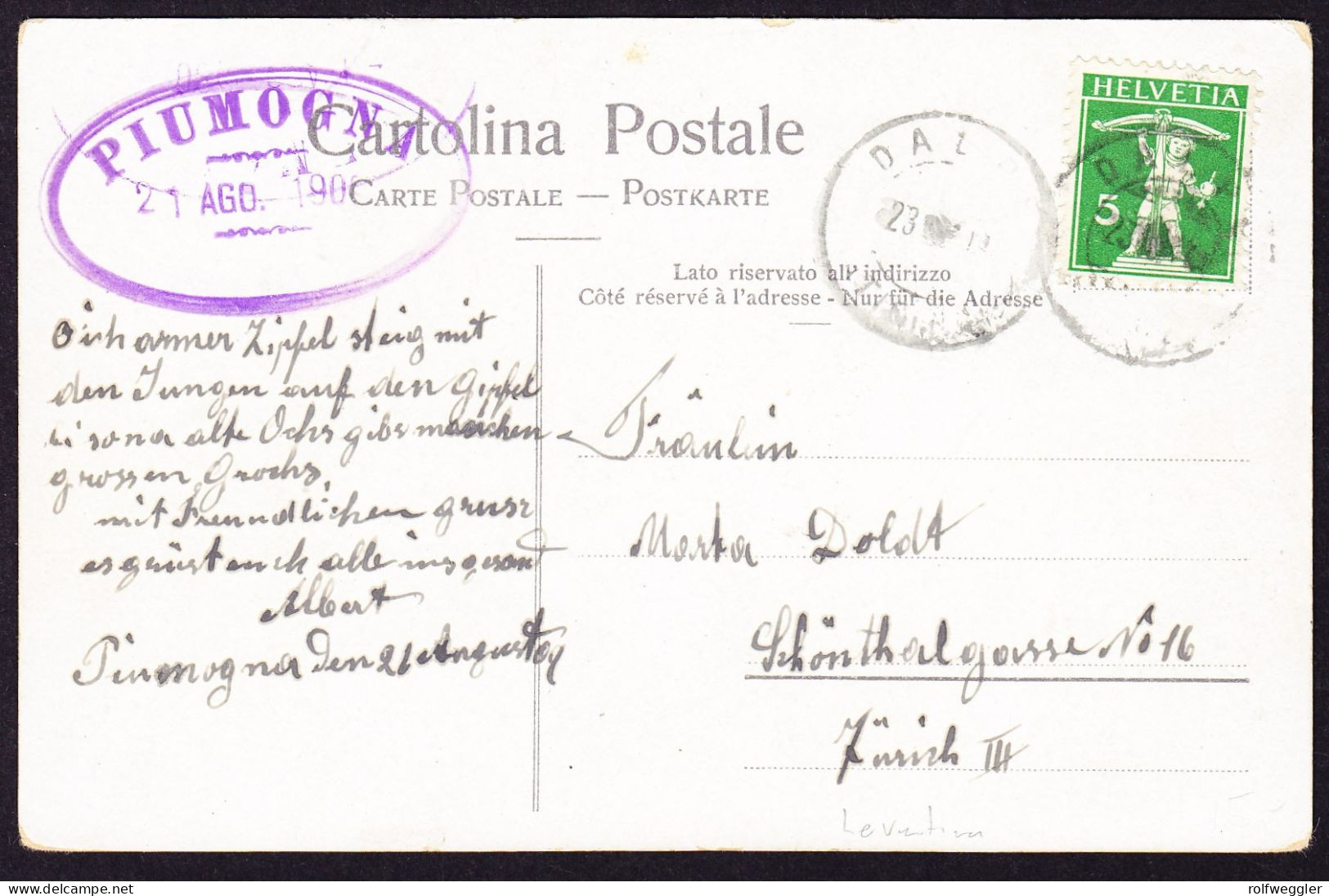 1909 Gelaufene AK (Dalpe) Aus Piumogna, Campo Tence. Zusatzstempel Piumogna Im Oval. Leventina - Campo