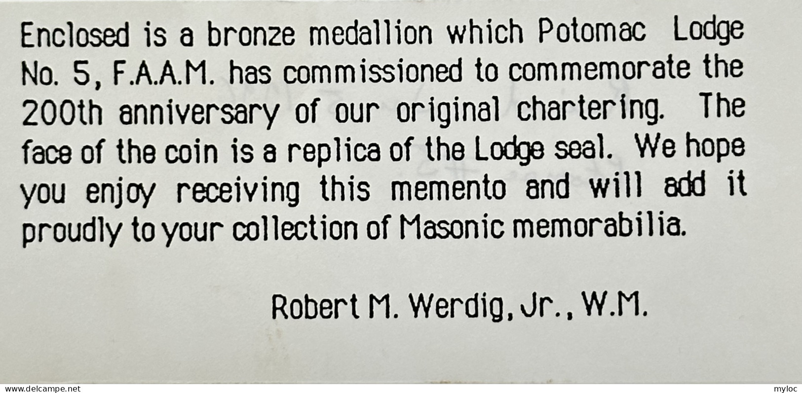 Freemasonry. Potomac Lodge N°5, Georgetown D.C. 200th Anniversary. Médaille Maçonnique Commémorative . 1989. - Vrijmetselarij