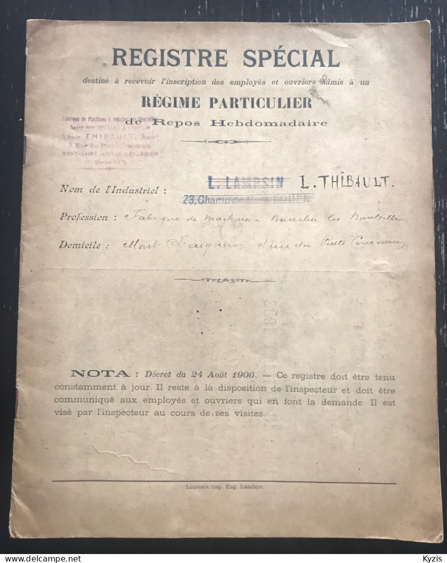 REGISTRE SPÉCIALE POUR  L’INSCRIPTION DES EMPLOYÉS ET OUVRIERS ADMIS À UN RÉGIME PARTICULIER DE REPOS HEBDOMADAIRE - Railway & Tramway