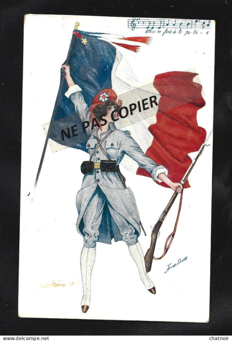 Cp  Drapeau    Femme Soldat   Illustrateur     Xavier Sager - 1914-18