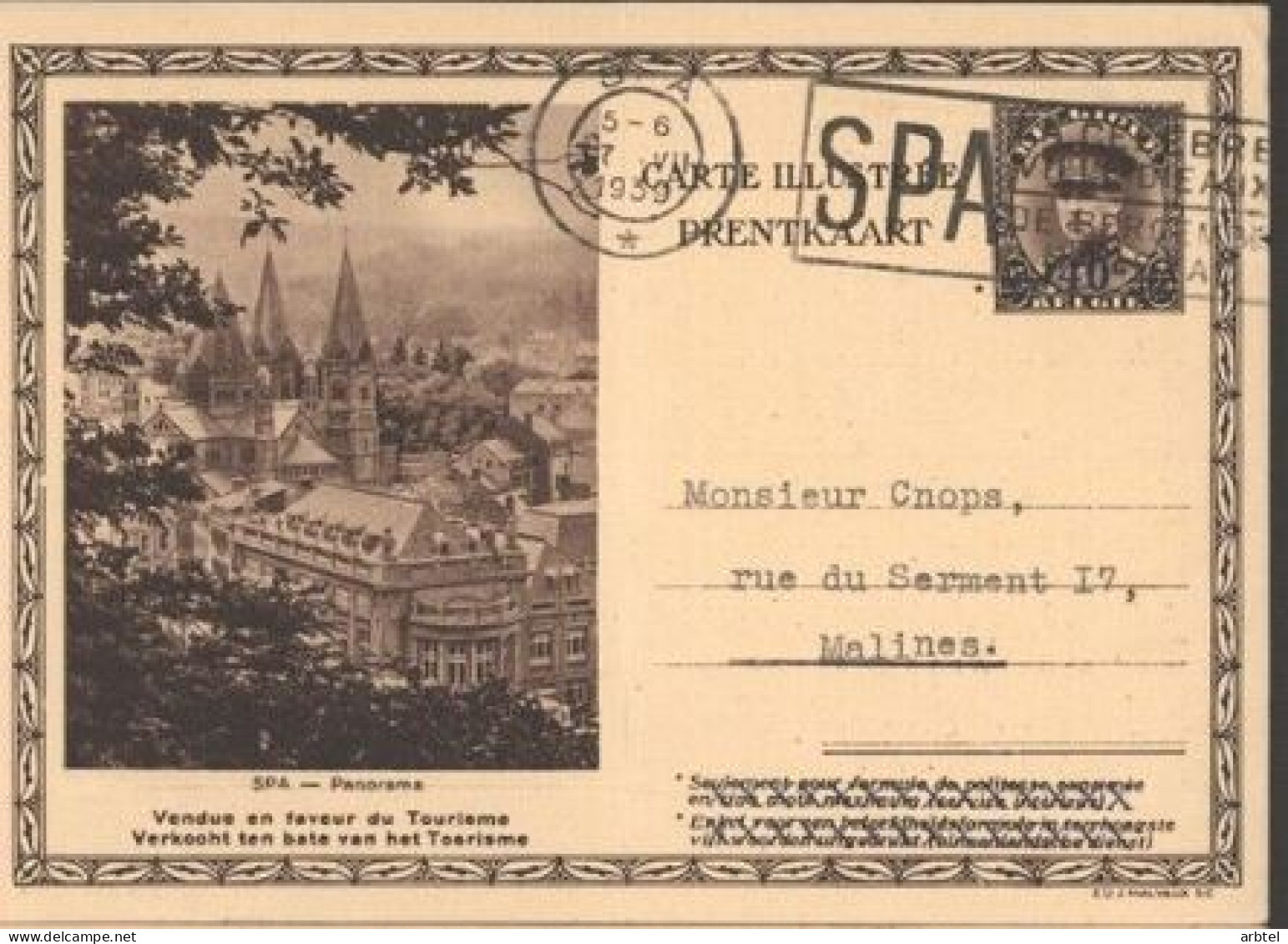 BELGICA ENTERO POSTAL SPA MAT 1939 DOBLADA FOLDED BALNEARIO - Bäderwesen