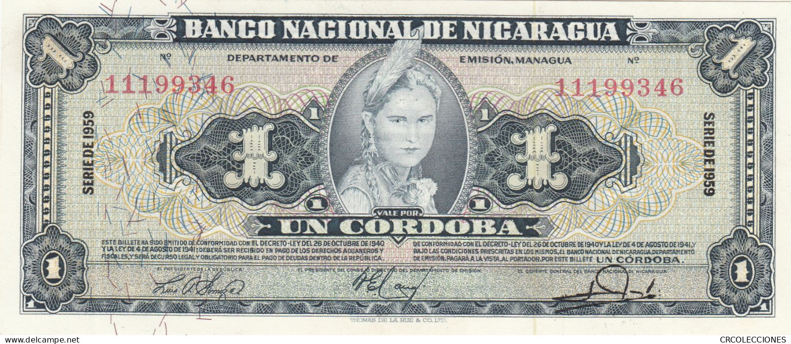 CRBX289 BILLETE NICARAGUA 1 CORDOBA 1959 MBC+ - Nicaragua