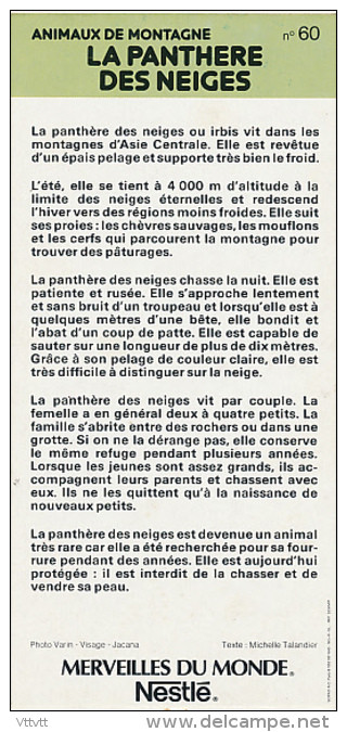 Fiche Cartonnée, NESTLE "Merveilles Du Monde", LA PANTHERE DES NEIGES, N° 60, "Animaux De Montagne" - Chocolate