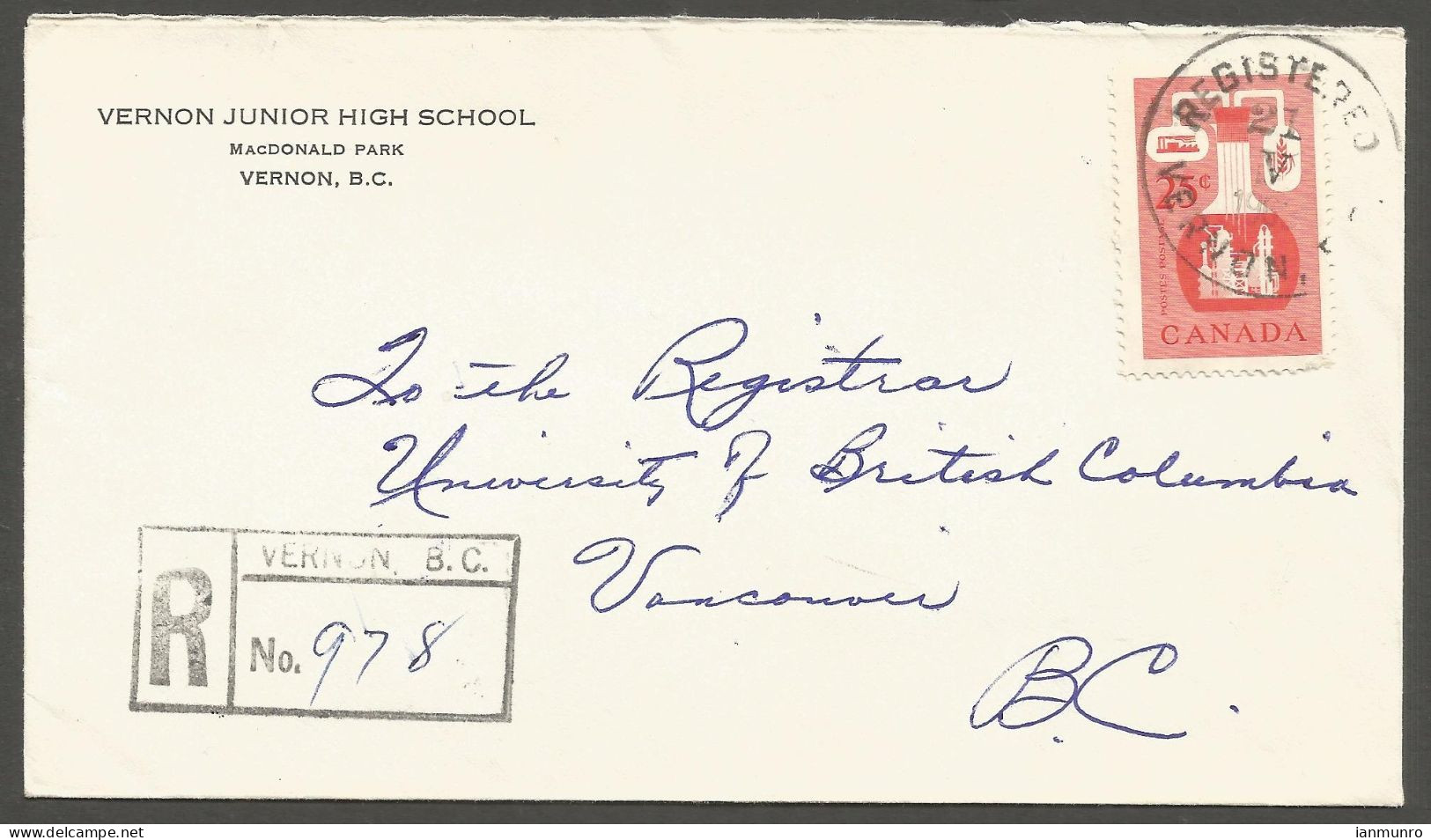1963 Vernon Junior High School Registered Cover 25c Chemical To Vancouver BC - Histoire Postale