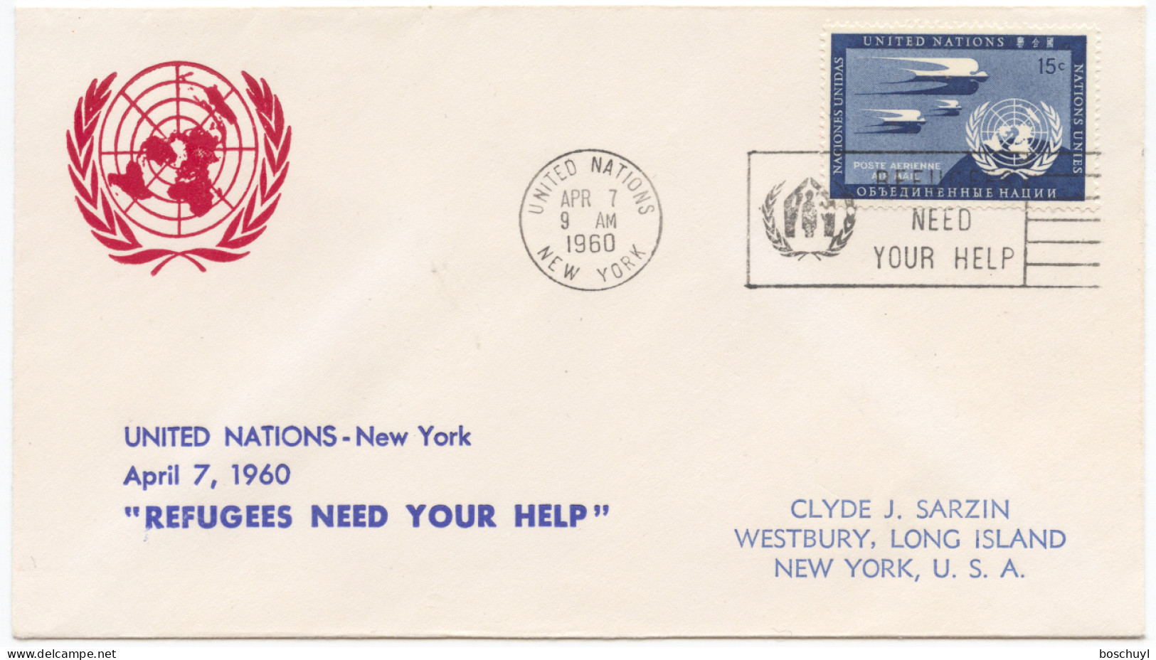 United Nations New York, 1960, World Refugee Year, WRY, Slogan FDC, Michel 14a - Refugiados