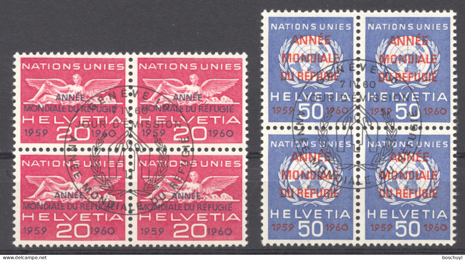 Switzerland, European Office, 1960, World Refugee Year, WRY, Blocks Of 4, Handstamped 32 Mm Diameter, Used, Michel 31-32 - Vluchtelingen