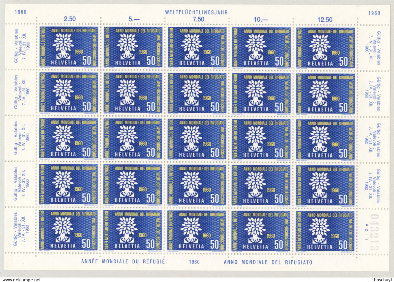 Switzerland, 1960, World Refugee Year, WRY, United Nations, Full Sheet, MNH, Michel 694 - Flüchtlinge