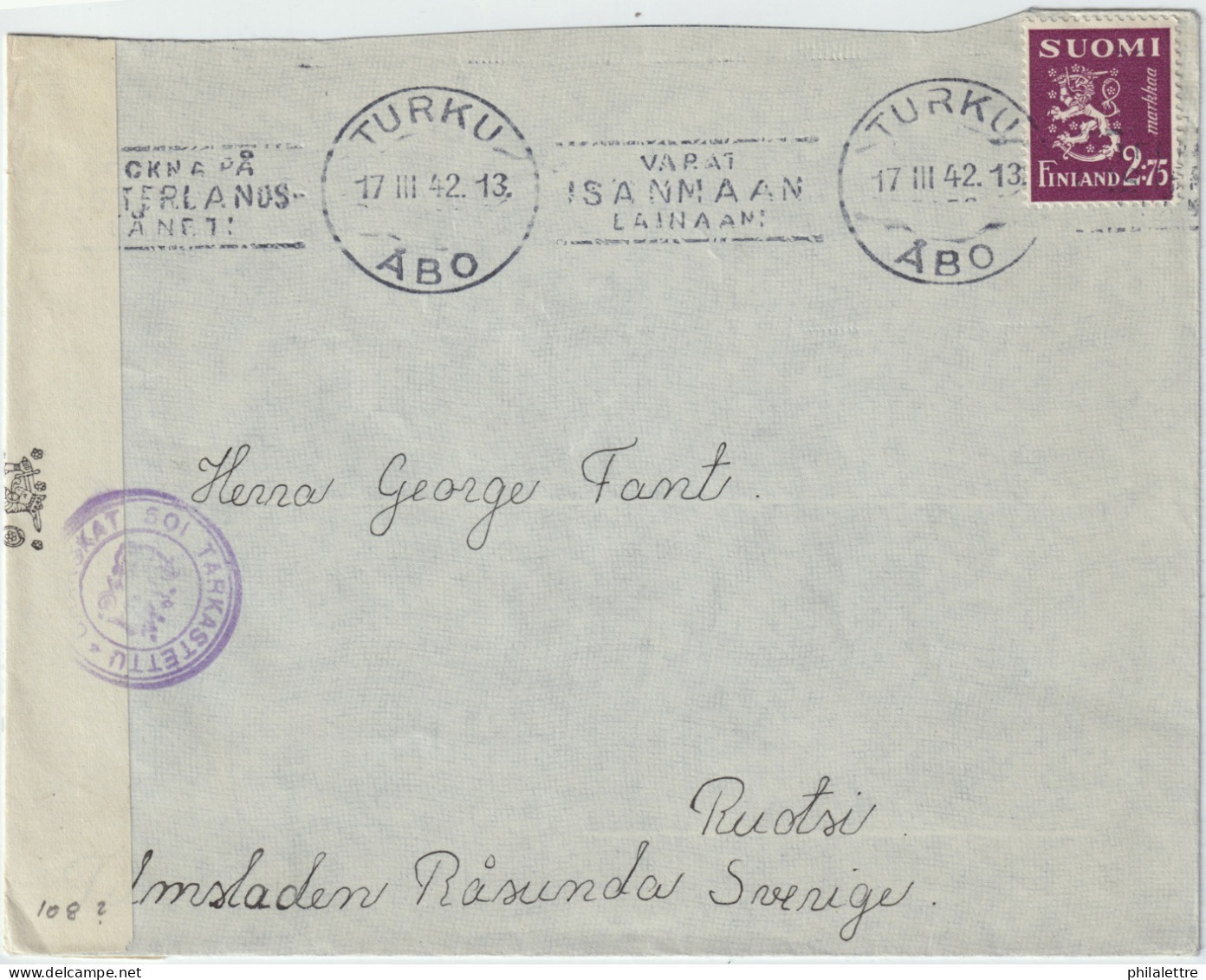 FINLAND - 1942 - Censored Cover From TURKU / ÅBO To Råsunda, Sweden Franked 2.75Mk - Covers & Documents