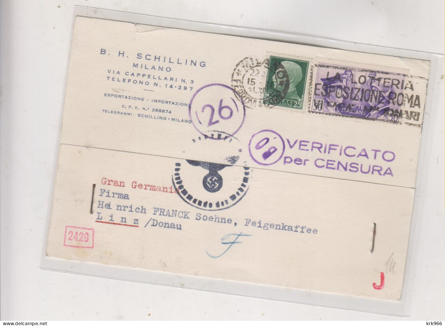ITALY MILANO  1941 Censored Postcard To Austria Germany - Marcophilie (Avions)