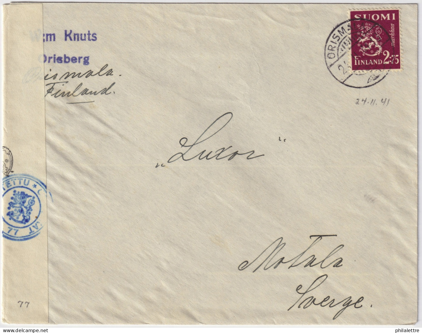 FINLAND - 1941 - Censored Cover From ORISMALA To Motala, Sweden Franked 2.75Mk - Covers & Documents