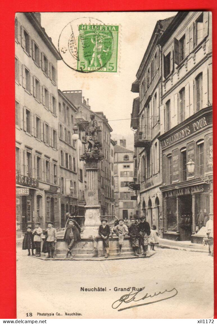 ZWR-20  Neuchâtel  Grand Rue  Fontaine, Ecoliers. Cachet Frontal Ville De Paris. Cachet Verrières Pour Paris - Les Verrières