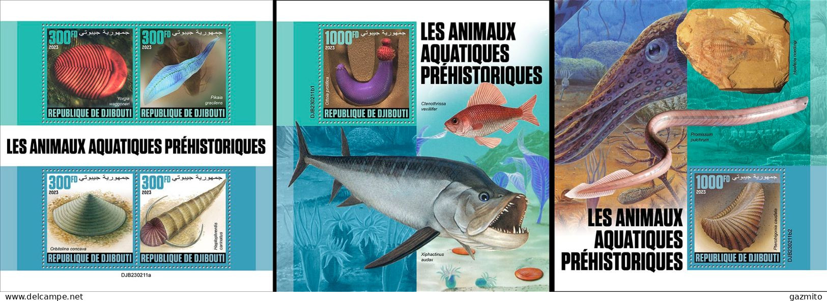 Djibouti 2023, Animals, Water Prehistoric Animals, Fossil, 4val In BF +2BF - Fossielen