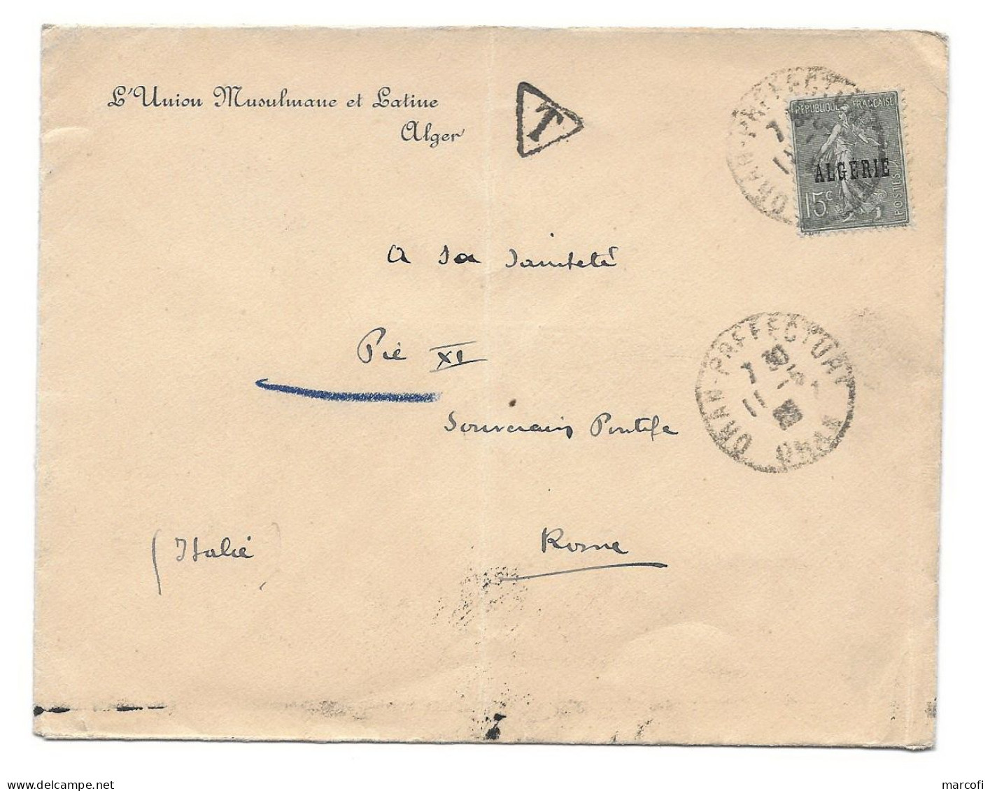 Alg126 Lettre Semeuse Algérie Adressée Au Pape Pie XI Taxe Non Perçue (1925) - Portomarken