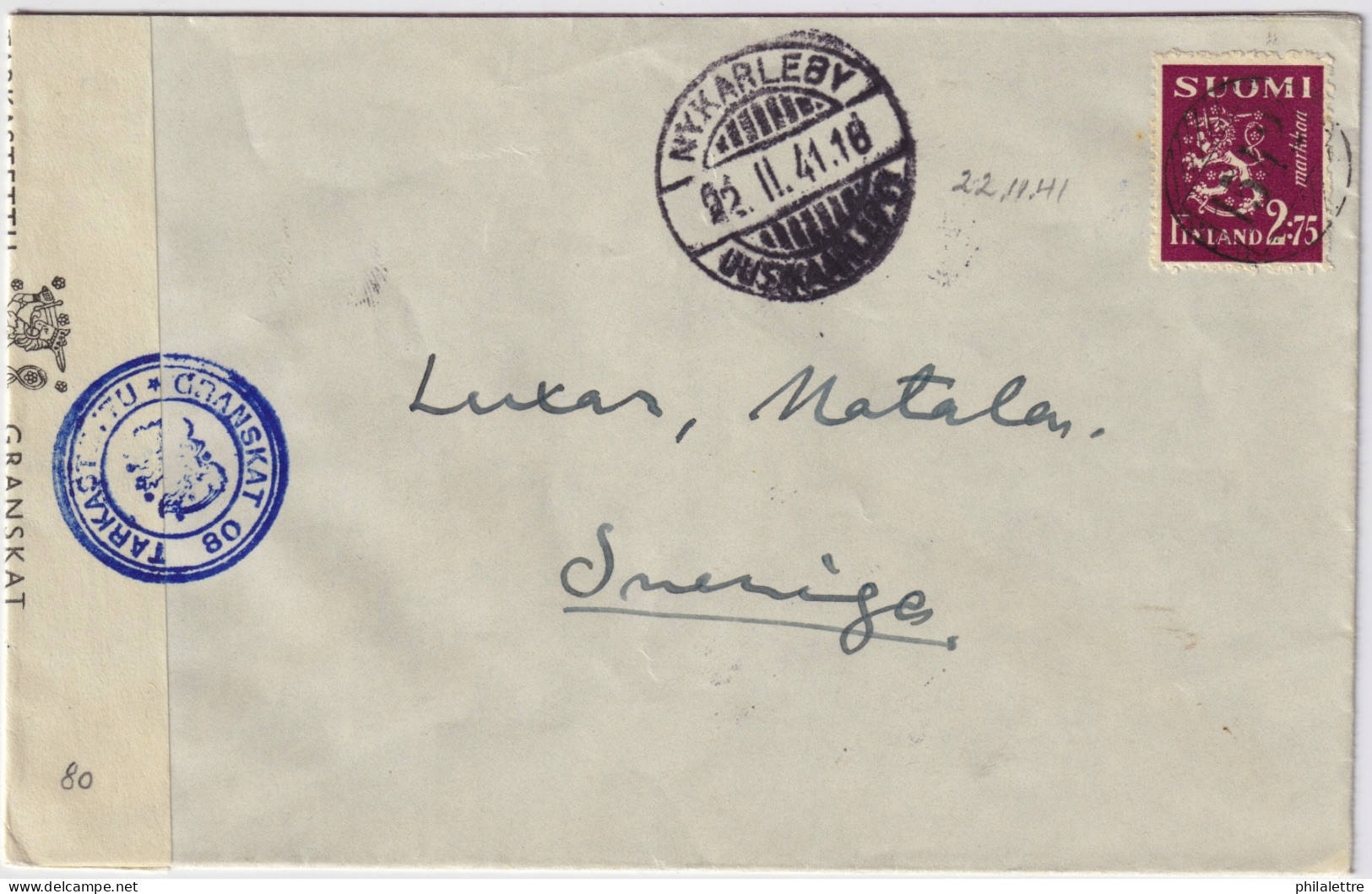 FINLAND - 1941 - Censored Cover From NYKARLEBY To Motala, Sweden Franked 2.75Mk - Lettres & Documents