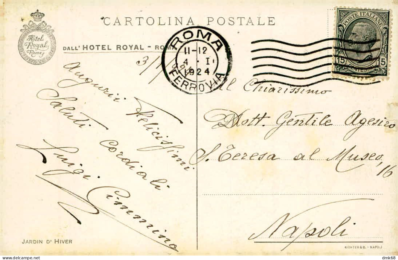 ROMA - HOTEL ROYAL - JARDIN D'HIVER - SPEDITA 1924 ( 18045) - Bares, Hoteles Y Restaurantes