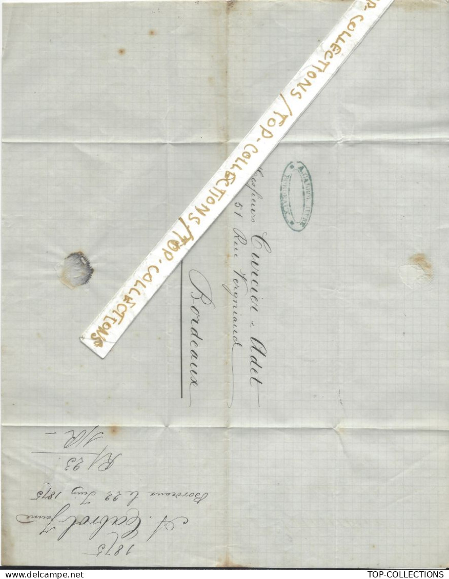 NAVIGATION 1875 ENTETE A. Cabrol Jeune Armateur Bordeaux Armement Navire « Eugène Marie » Allant à Nouméa Cargaison Eau - 1800 – 1899