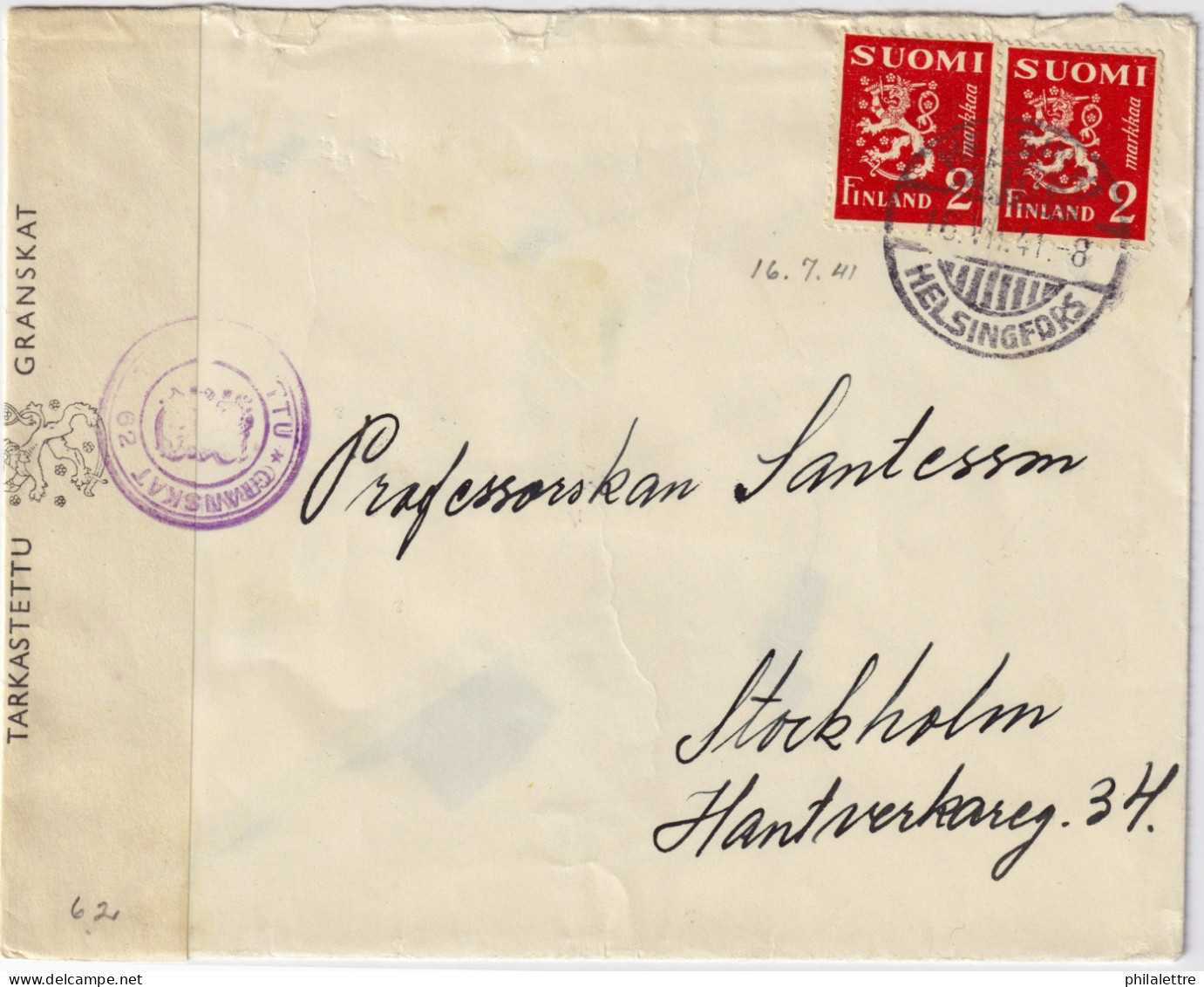 FINLAND - 1941 - Censored Cover From HELSINKI To Stockholm, Sweden Franked 2x2Mk - Briefe U. Dokumente