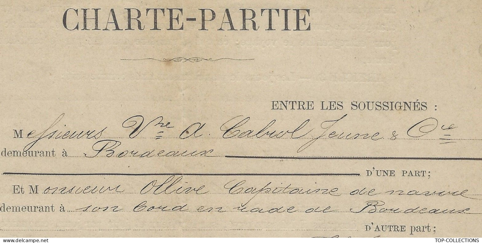 1883 NAVIGATION CHARTE PARTIE Bordeaux Cabrol Jeune Armateur & Capitaine Ollive Navire « Emmanuel » St Pierre Martinique - 1800 – 1899