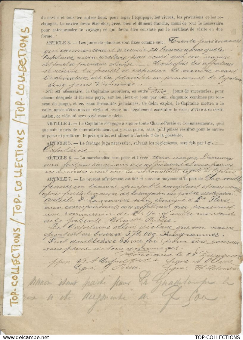 1883 NAVIGATION CHARTE PARTIE Bordeaux Cabrol Jeune Armateur & Capitaine Ollive Navire « Emmanuel » St Pierre Martinique - 1800 – 1899