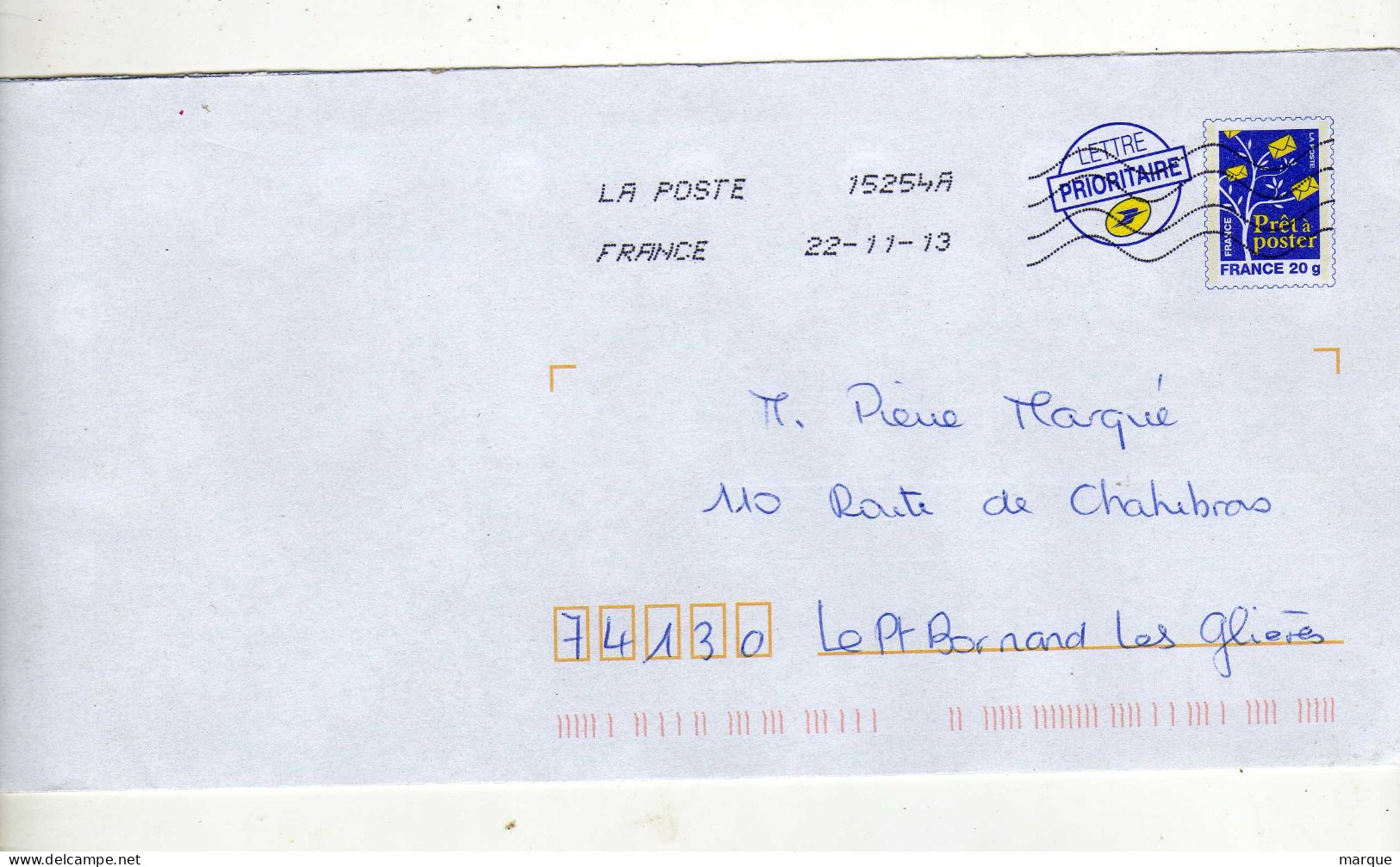Enveloppe FRANCE Prêt à Poster Lettre Prioritaire Oblitération LA POSTE 15254A 22/11/2013 - PAP: Ristampa/Logo Bleu