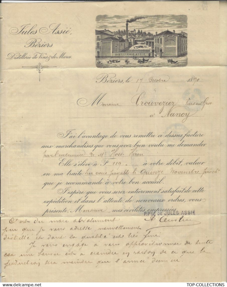 1890 SUPERBE ENTETE Jules Assié Distillerie Beziers  Hérault  Pour Crouveriez Nancy V.COTATION  ET HISTORIQUE - 1800 – 1899