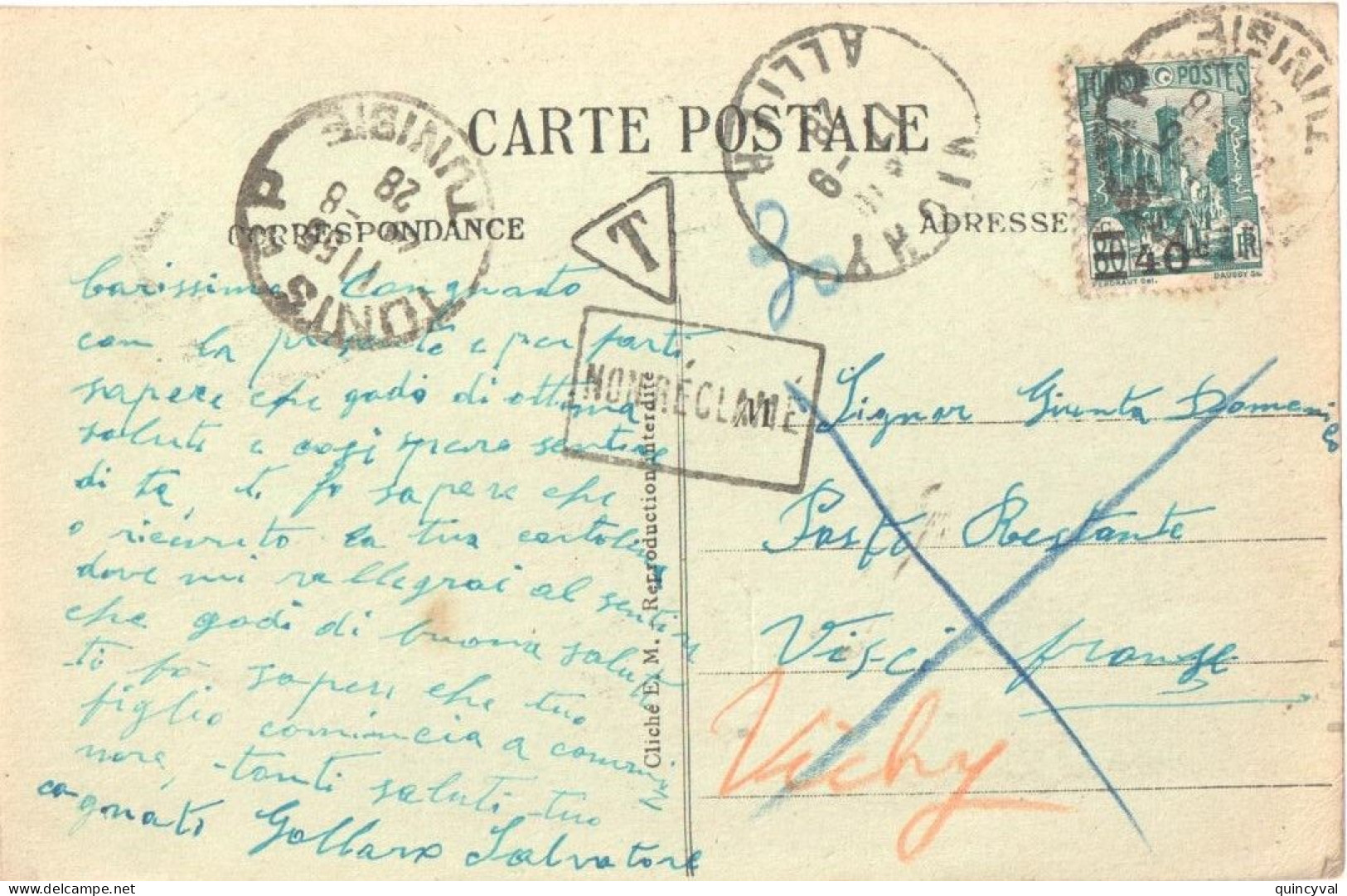 TUNISIE  Yv 157 Ob 17 9 1928 Carte Postale En Poste Restante à Vichy Allier Griffe Non Reclamé Taxe 30 - Briefe U. Dokumente