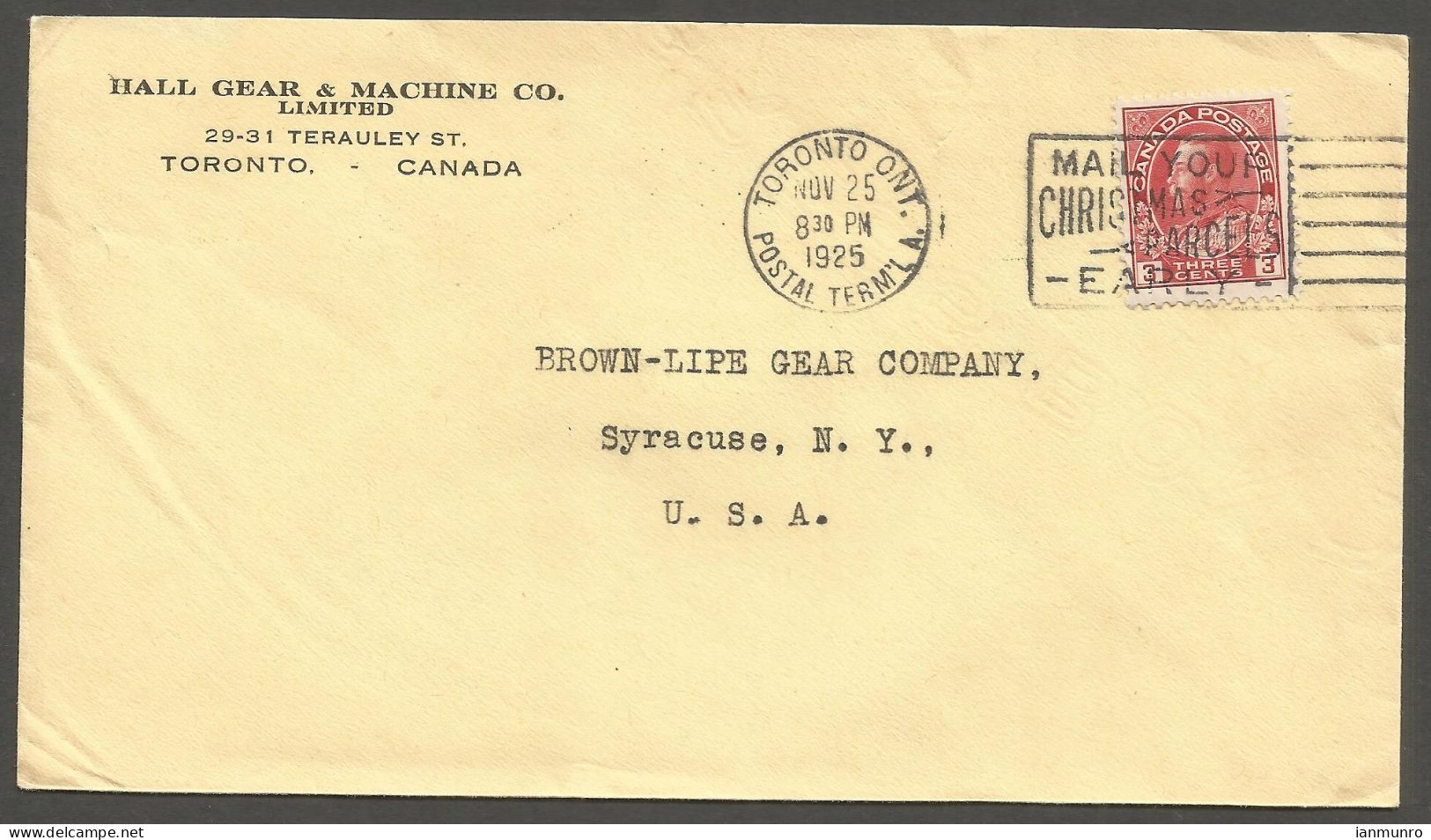 1925 Hall Gear & Machine Corner Card Cover 3c Admiral Slogan Toronto Ontario - Postal History