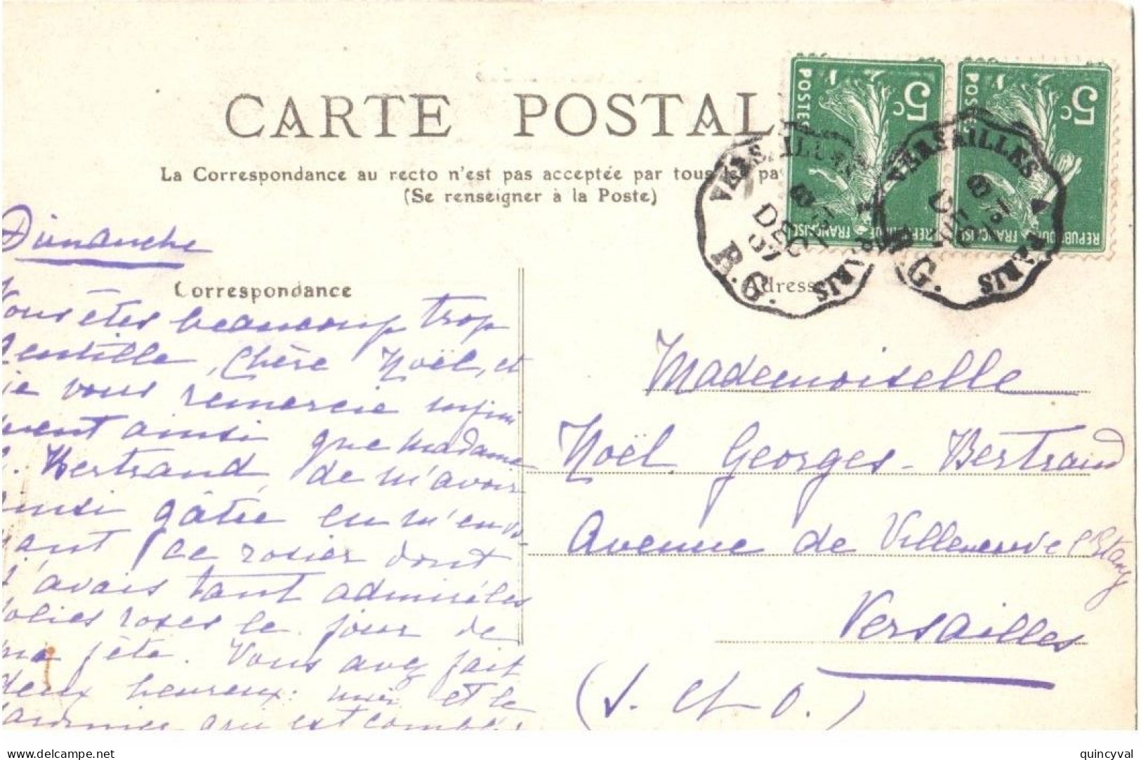 Versailles à Paris RG Oblitération 8 12 1907 Pothion 3151 Carte Postale 2 X 5 C Semeuse Yv 137 - Posta Ferroviaria