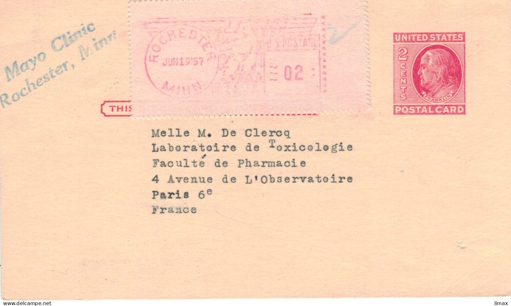 Ganzsache Mayo Clinic Rochester 1957 > Melle De Clercq Toxicologie Paris - Meter Stamp - Beste Klinik Der USA - 1941-60