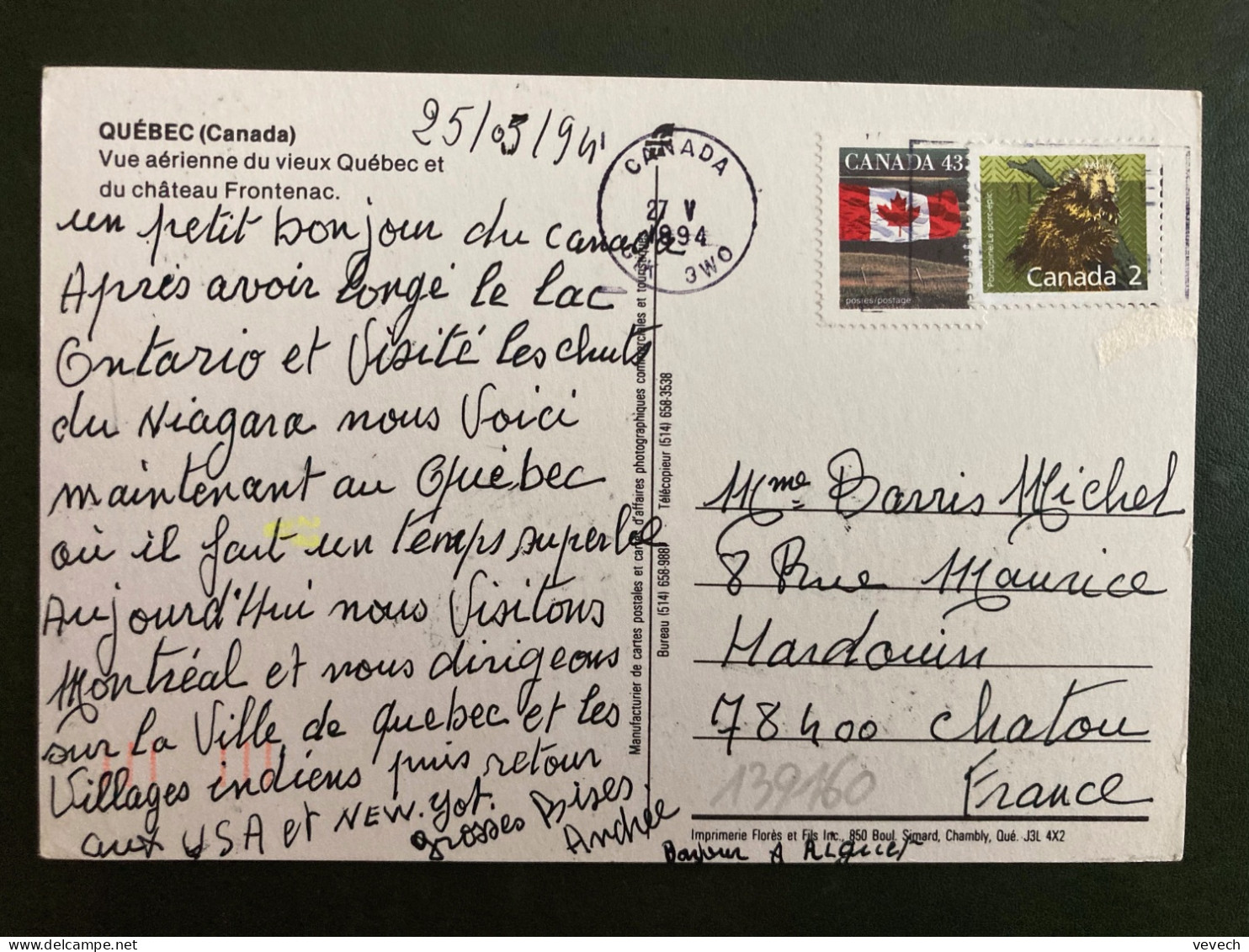 CP Pour La FRANCE TP LE PORC EPIC 2 + DRAPEAU 43 OBL.MEC.27 V 1994 CANADA - Lettres & Documents