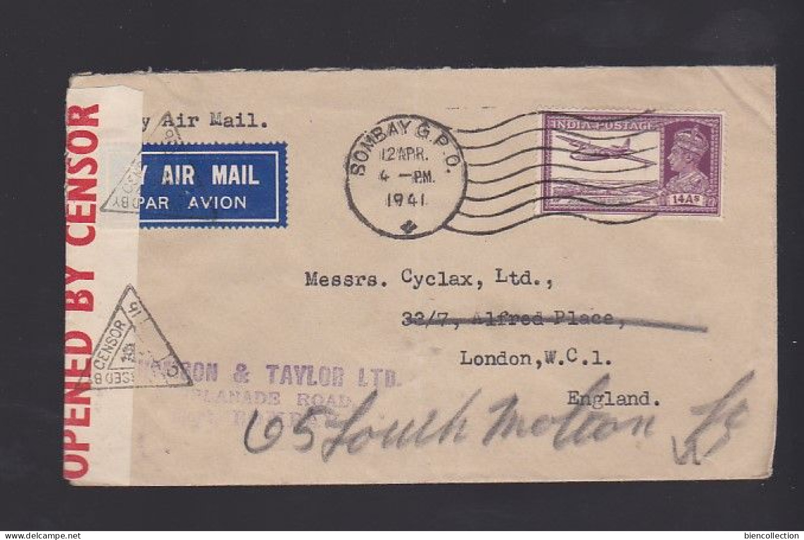 Inde;. Enveloppe Poste Aérienne Censurée ; Cover Opened By Censor From Bombay To London - Airmail