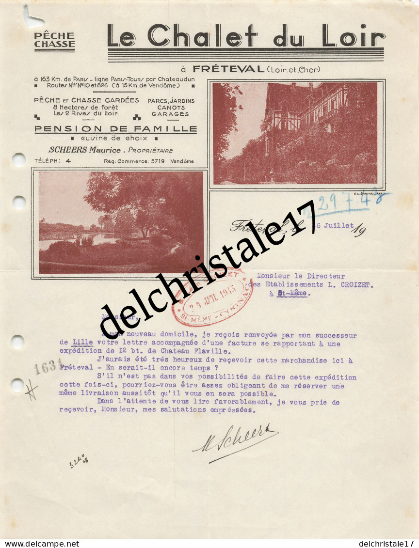 41 0021 FRÉTEVAL LOIR-et-CHER 1943 Pêche & Chasse Gardées LE CHALET DU LOIR Pension De Famille Maurice SCHEERS - Vissen