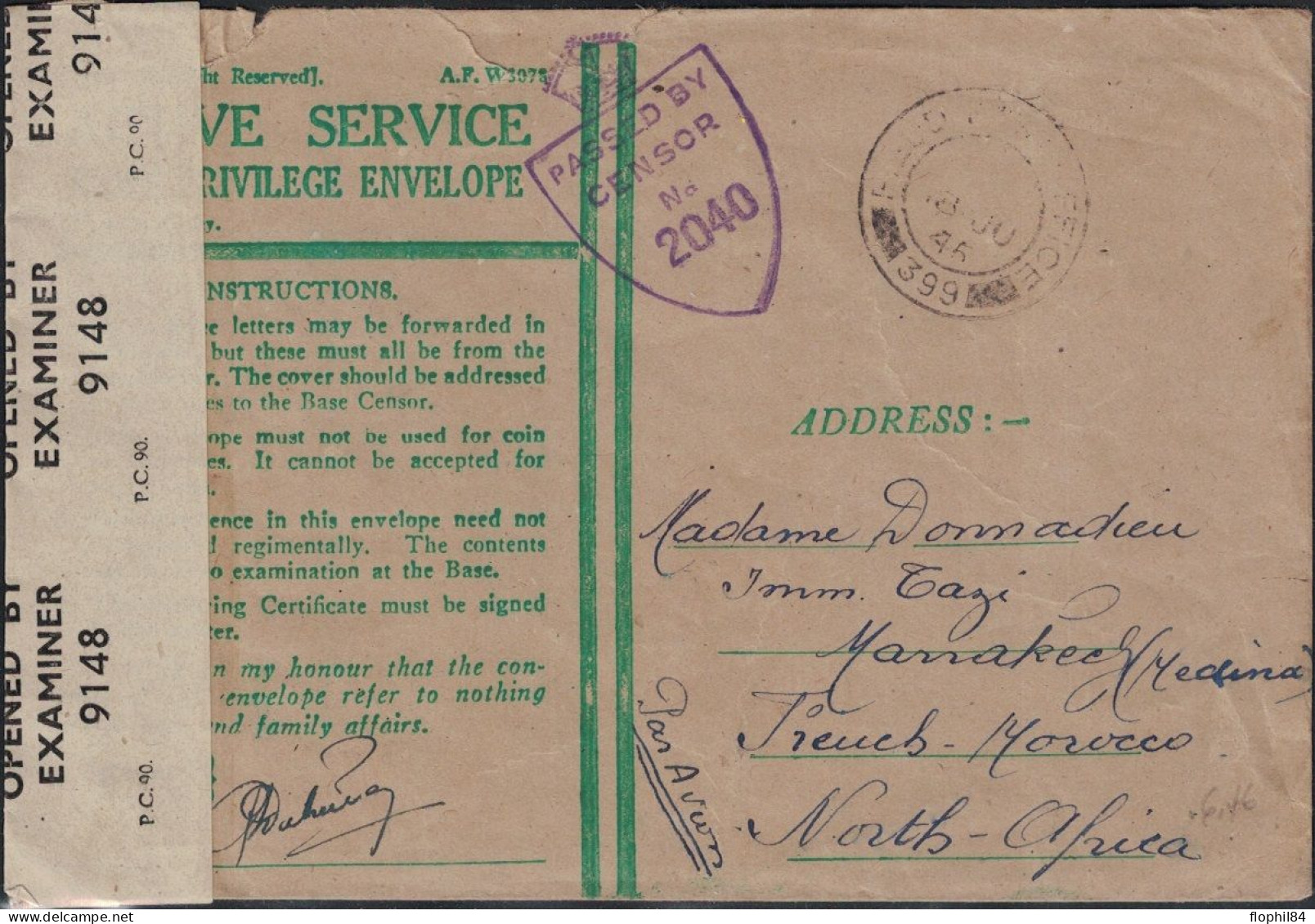 GRANDE BRETAGNE - ENVELOPPE ACTIVE SERVICE POUR MARRAKECH FRENCH MAROCCO - CAHET ET BANDE DE CENSURE PC90 - LE 18-7-1946 - Postmark Collection