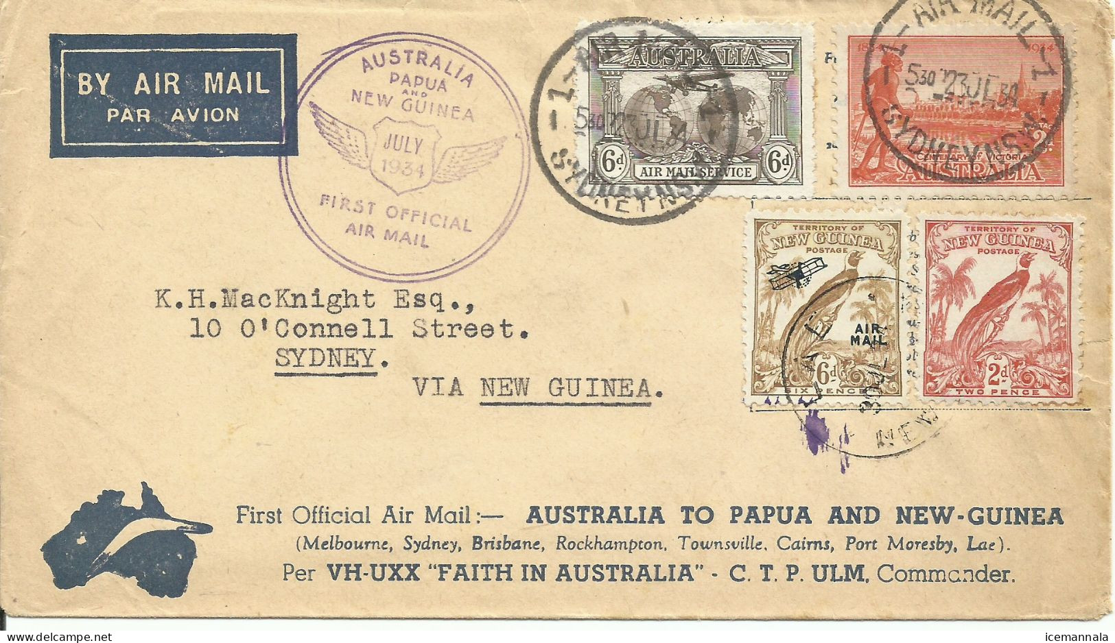 AUSTRALIA  , CARTA  CIRCULADA  PRIMER VUELO  AUSTRALIA/PAPUA NUEVA GUINEA  EL 23/7/34 - Covers & Documents