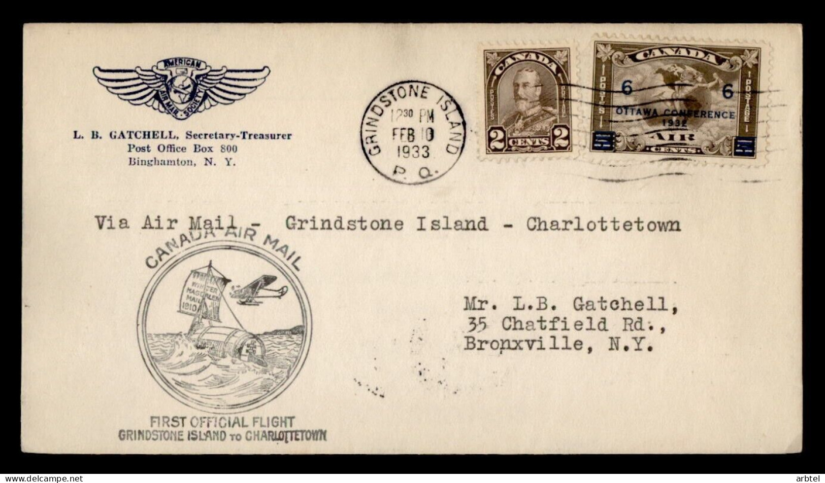 CANADA 1933 PRIMER VUELO GRINDSTONE ISLAND A CHARLOTTETOWN BARREL MAIL - Andere(Zee)