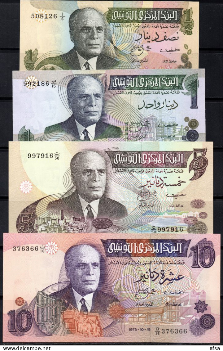 Lot De 4 Billets Neufs (Année 1973) :1/2-1-5-10 Dinars-UNC**( ENVOI GRATUIT)-(FREE SHIPPING)- 2 Images - Tunisie