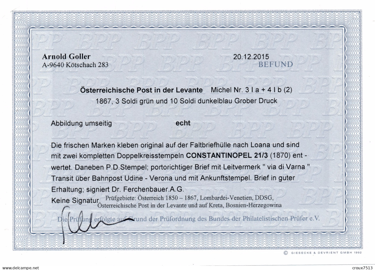 LSC Constantinopel à Genova Via Varna (certificat Ferchenbauer) TB. - Levante-Marken