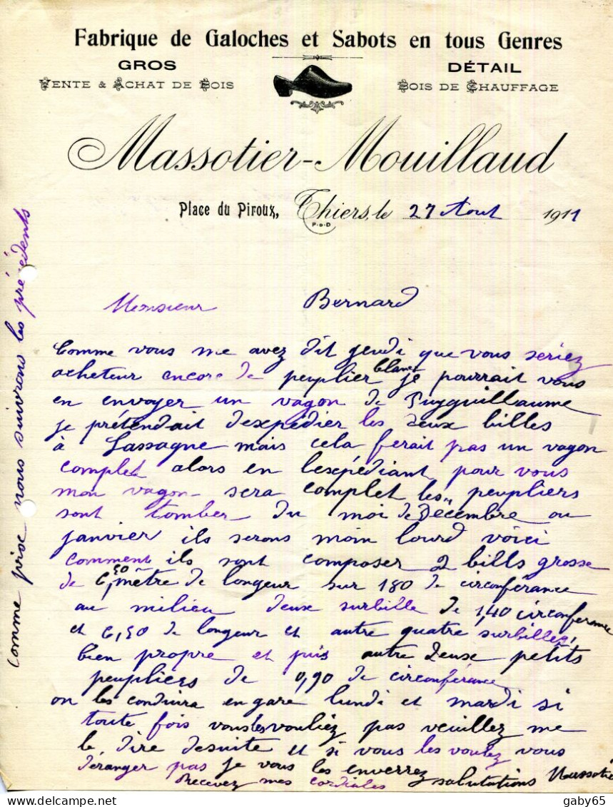 FACTURE.63.THIERS.FABRIQUE DE GALOCHES & SABOT.VENTE & ACHAT DE BOIS.MASSOTIER-MOUILLAUD. PLACE DU PIROUX. - Straßenhandel Und Kleingewerbe