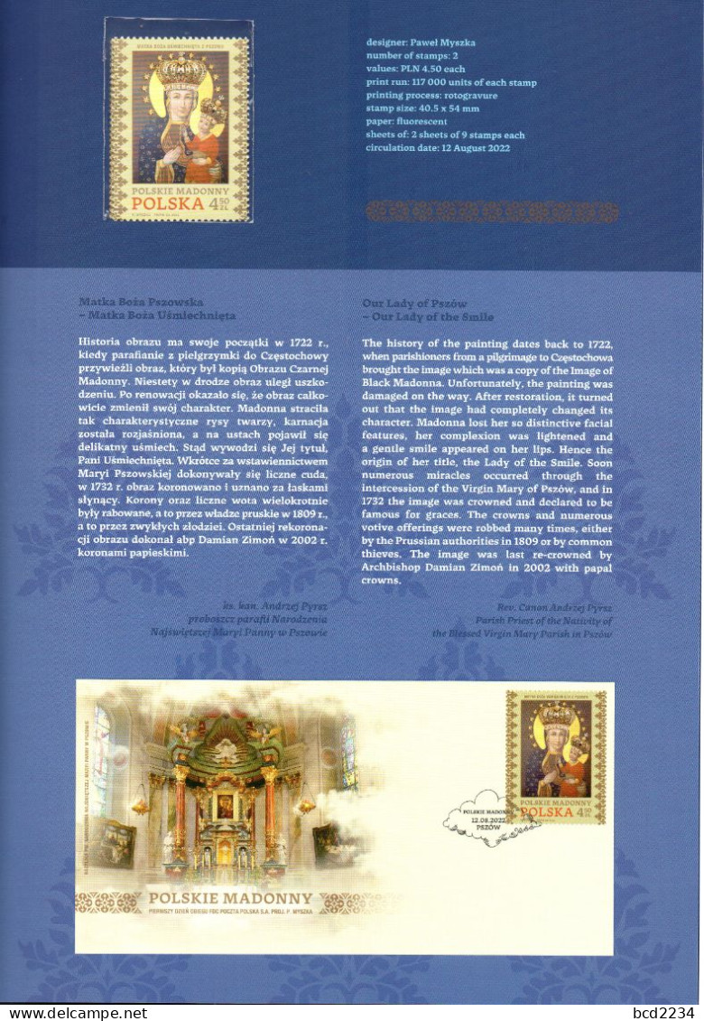 POLAND 2022 POLISH POST OFFICE LIMITED EDITION FOLDER: POLISH MADONNAS LADY OF DZIERZONIOW PSZOW MOTHER MERCY LADY SMILE - Quadri