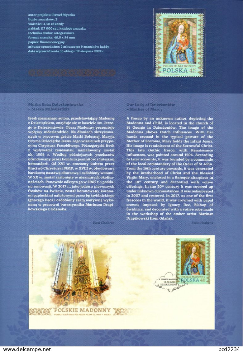 POLAND 2022 POLISH POST OFFICE LIMITED EDITION FOLDER: POLISH MADONNAS LADY OF DZIERZONIOW PSZOW MOTHER MERCY LADY SMILE - Lettres & Documents