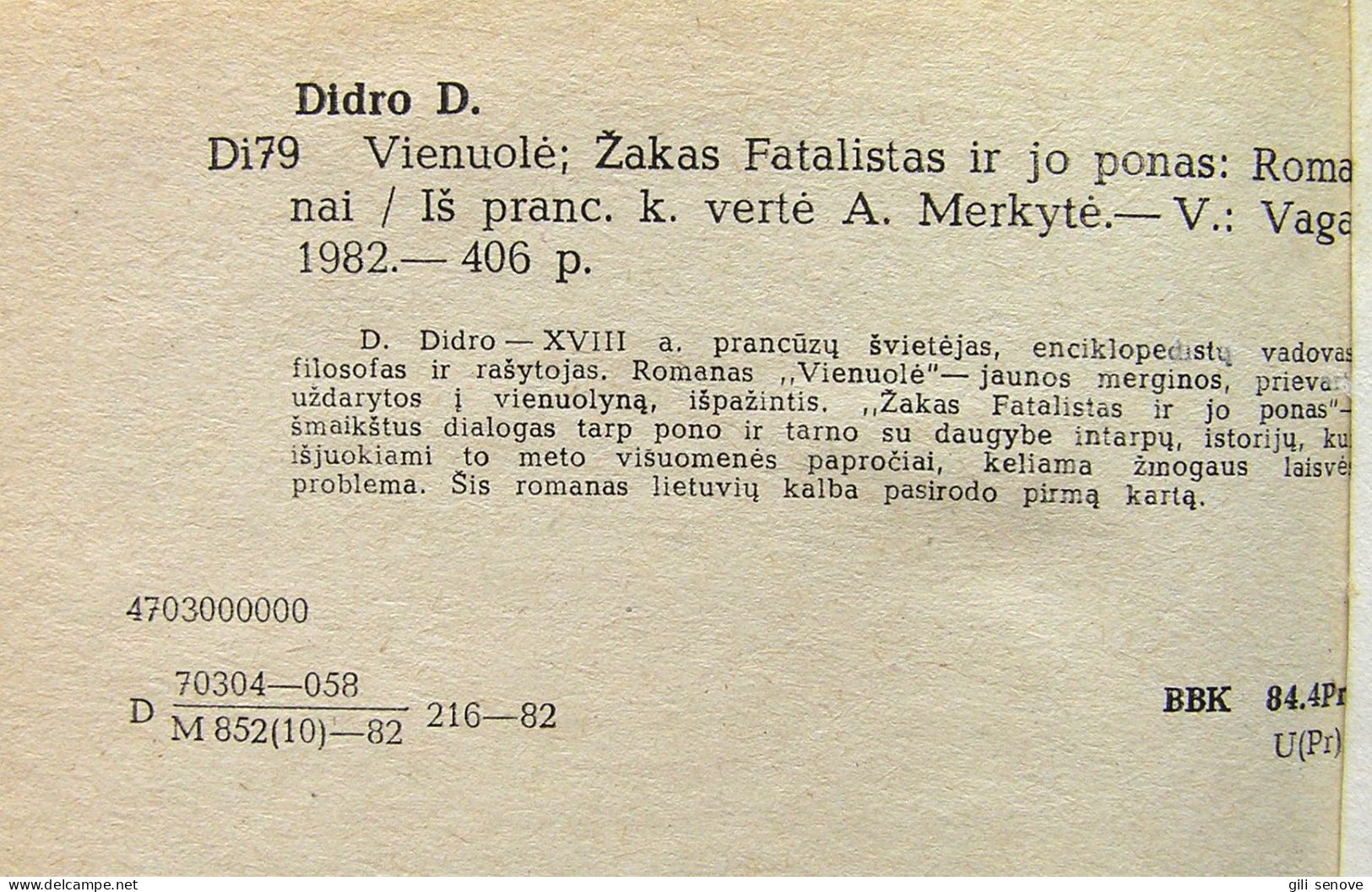 Lithuanian Book / Vienuolė. Žakas Fatalistas Ir Jo Ponas Didro 1982 - Novelas