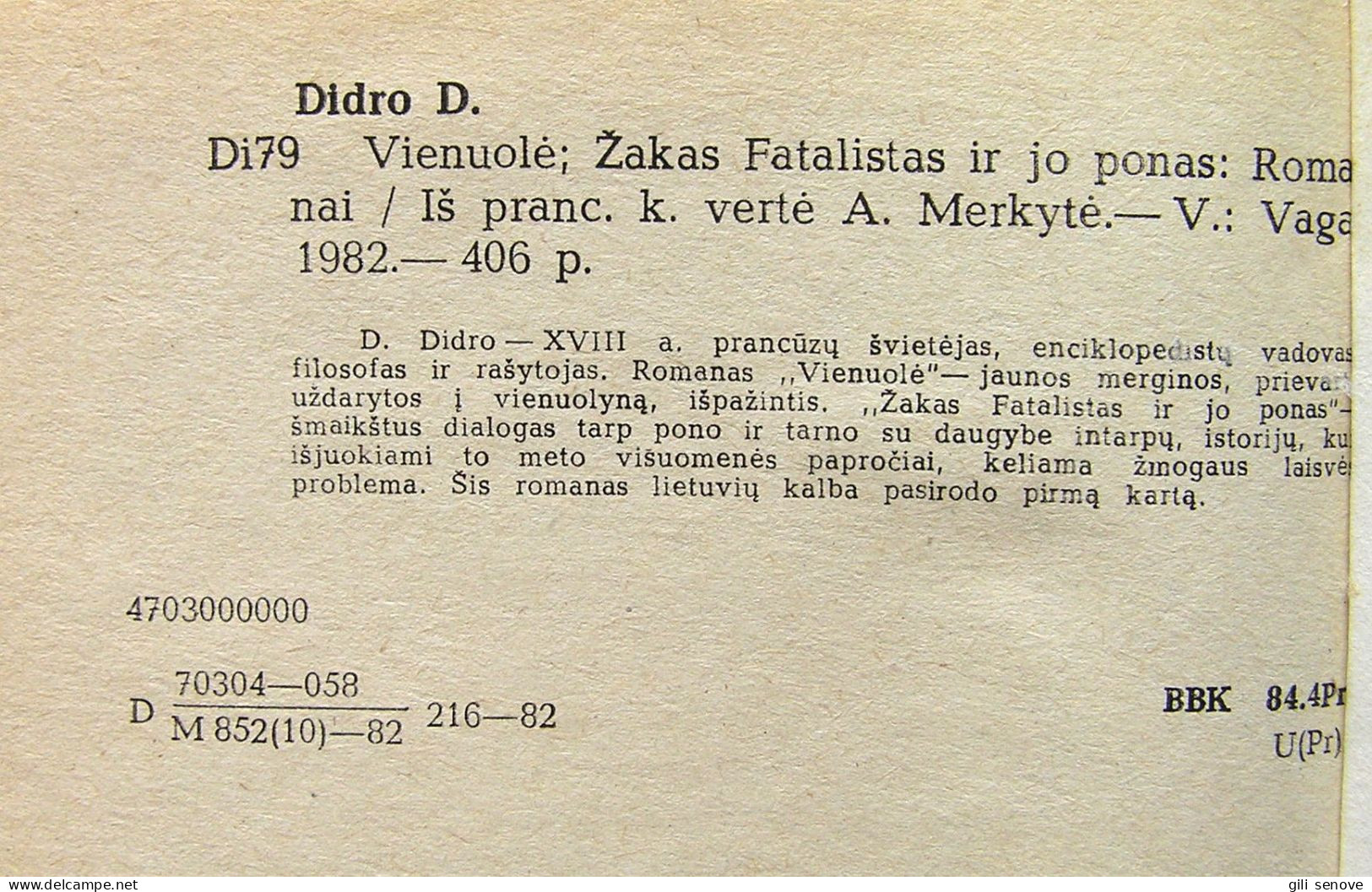 Lithuanian Book / Vienuolė. Žakas Fatalistas Ir Jo Ponas Didro 1982 - Romanzi