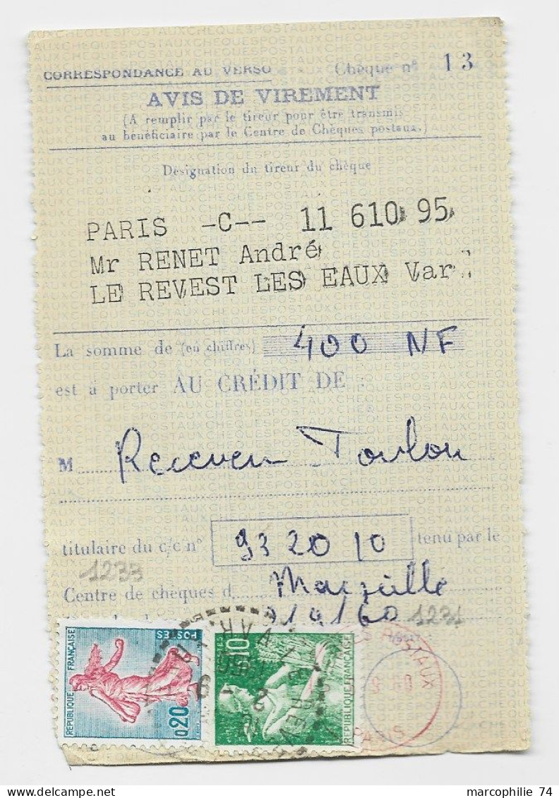 N° 1231 +1233 AVIS DE VIREMENT LE REVEST VAR 2.9.1960 AU TARIF - 1957-1959 Oogst