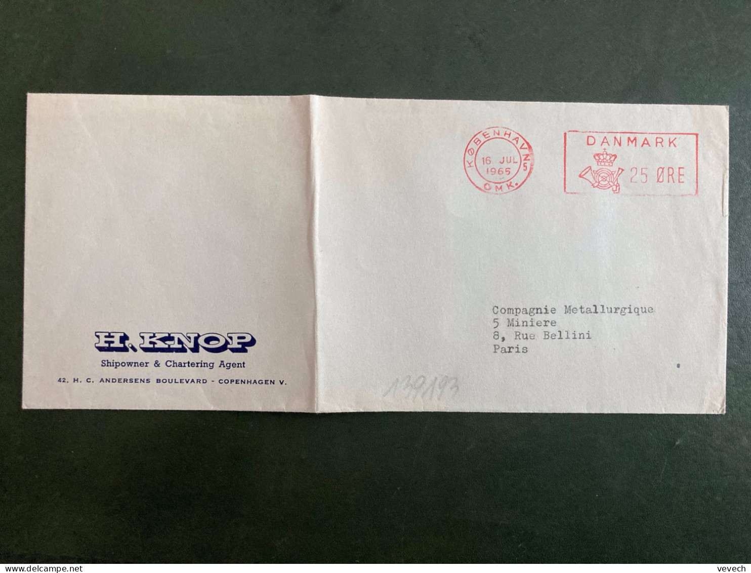 LETTRE H KNOP Shipowner & Chartering Agent EMA à 25 ORE Du 16 JUL 1965 KOBENHAVN 5 OMK - Franking Machines (EMA)