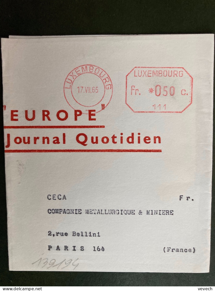 BJ EMA 050 Du 17 VII 65 LUXEMBOURG "EUROPE" Journal Quotidien - Macchine Per Obliterare (EMA)