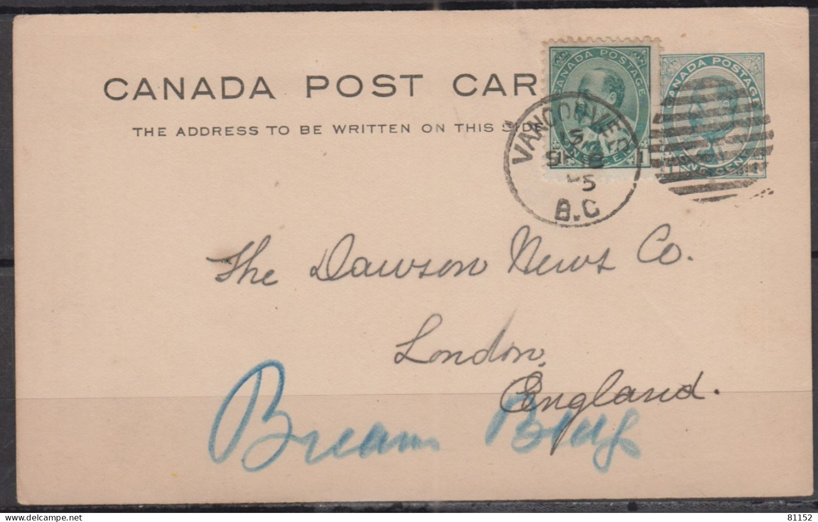 Canada    CP Entier 1c   + 1 Timbre De  1c  De VANCOUVER   Le 18 SEPT 1905  Pour LONDON - 1903-1954 Kings