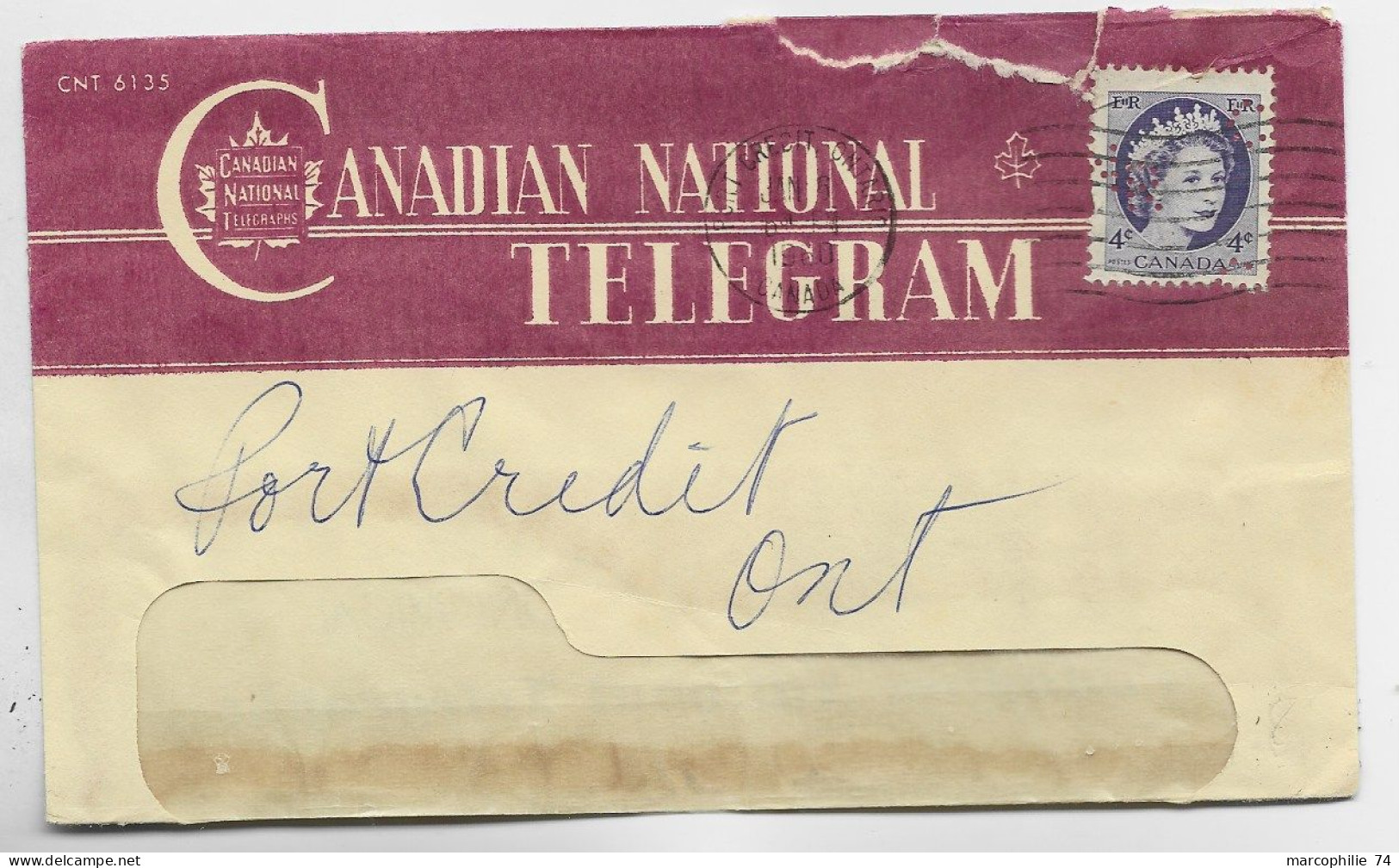 CANADA 4C ELISABETH PERFORE PERFIN LETTRE COVER CANADIA NATIONAL TELEGRAM CRECIT ONTARIO 1960 - Perfin